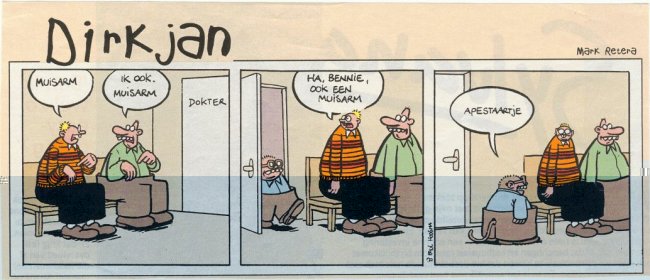 Strip Dirk Jan: 2 mannen met muisarm in wachtkamer, 3e heeft apestaartje